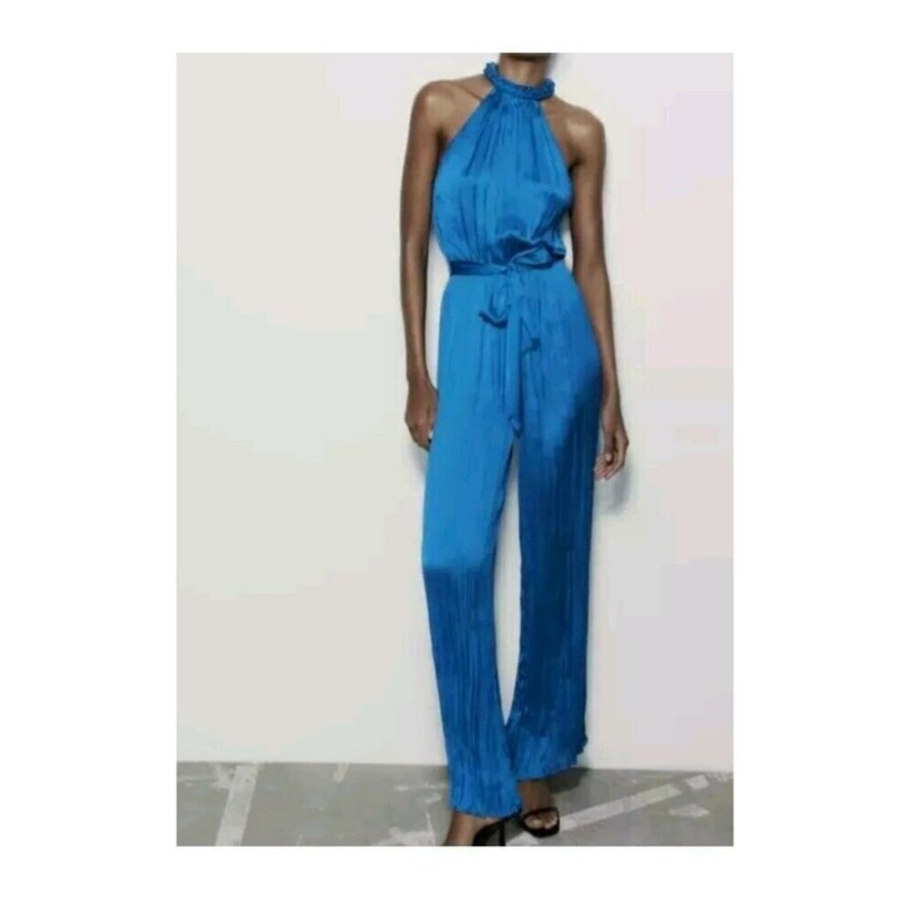ZARA WOMAN NWT SS23 BLUISH WRINKLED SATIN EFFECT JUMPSUIT SIZE XS 3897/153